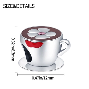 Silberner Kaffeetassen-Anhänger mit roten Lippen und rosa Edelstein für DIY-Schmuck