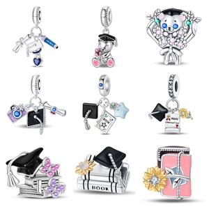 Silver Plated Graduation Series Charms Bear Sunflower Academic Cap Pendant Rhinestone Drip Oil DIY Jewelry Beads For Women