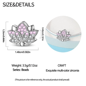 Detailed size specifications for lotus bead with pink and white cubic zirconia crystals