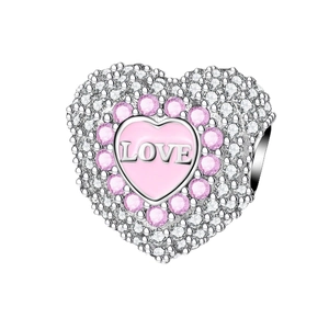 Silver heart charm bead with pink stones and LOVE engraving for DIY bracelets