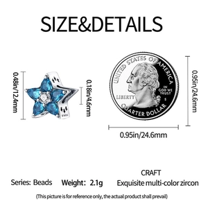 Detailed macro view of S925 silver star bead with blue zircons and size dimensions