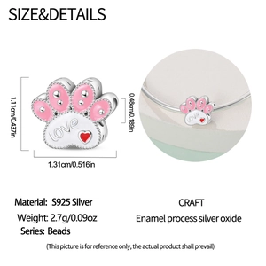 Spécifications de taille du charm patte de chat en argent S925 et émail rose pour bracelet