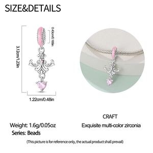 Detailed size view of silver angel pendant with pink heart zircon for DIY bracelets