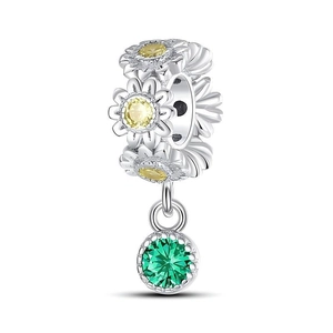 Detailed view of sunflower charm with yellow cubic zirconia and green gem drop