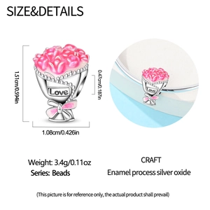 Detailed macro view of pink enamel rose bouquet charm with Love engraving for bracelets