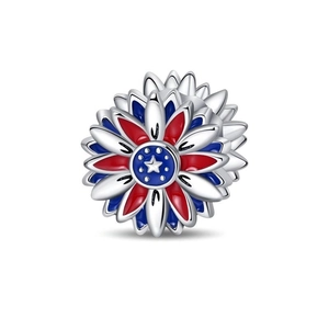 Detailed macro view of American flag style sunflower charm in silver with enamel finish