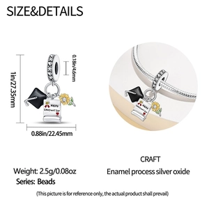 Detail view of silver graduation charm with black mortarboard and sunflower for bracelets