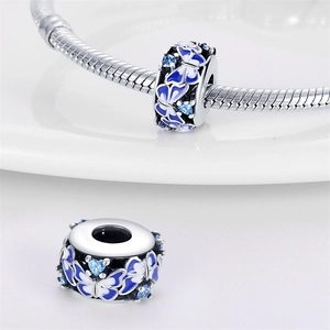 Perle en argent avec papillon en émail bleu et zircon pour bracelets DIY