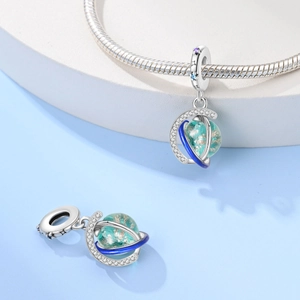 Silver starry sky planet charm bead with blue glass and crystals for DIY jewelry