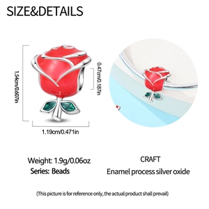 Detailed macro view showing red enamel rose charm dimensions and silver plating finish