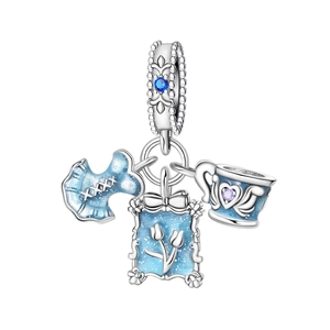 Silver charm pendant with blue dress, tulip frame and teacup for DIY jewelry bracelets