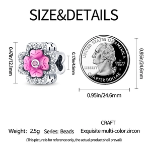 Detailed view of pink cherry blossom charm with dimensions 12.1mm and zircon stones