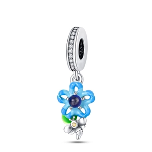 Detail of silver blue enamel flower charm with a small bee and sparkling zircons