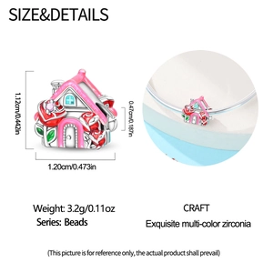 Detailed dimensions of a pink enamel house charm bead with zirconia for DIY bracelets