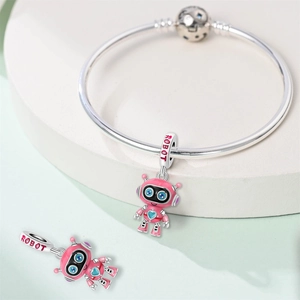 Pink robot charm bracelet with blue heart detail and silver snake chain for women