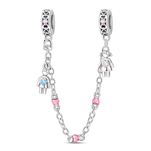 Silver safety chain charm with boy and girl pendants and pink enamel heart details