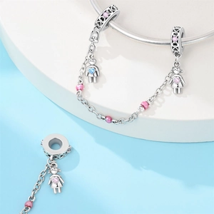 Silver safety chain charm with heart beads and boy-girl pendants for DIY jewelry