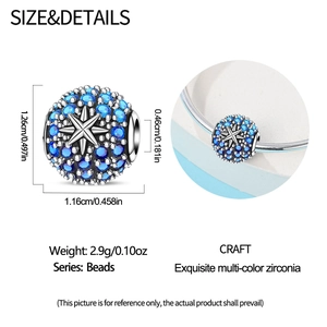Detailed specs of star bead charm with blue zirconia, 1.26cm diameter and 0.46cm hole