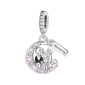 Wedding moon charm with cartoon couple and pink zircons on silver plated dangle