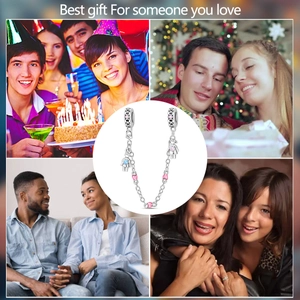 Silver safety chain with pink hearts and kids charms for a family gift