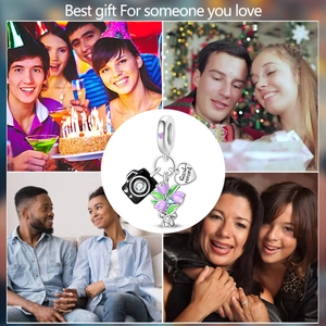 Silver bead charm with camera and purple flower detail for DIY bracelets and necklaces