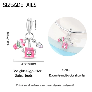 Detailed view of silver garden charms with pink enamel tulip and watering can measurements