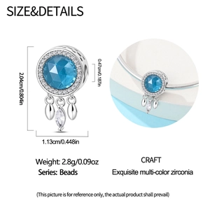 Blue zircon silver bead detail showing dimensions of 2.04cm height and 1.13cm width