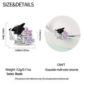 Detailed dimensions of silver graduation bear charm with graduation cap and cubic zirconia