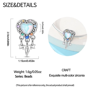 Silver heart charm with colorful zircon and star shell pendants shown with dimensions