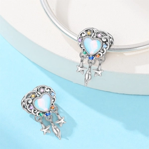 Detailed silver dreamcatcher heart charm with opal and colorful zircon stones