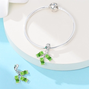 Detail of silver bead charm bracelet with green enamel dollar pendant and Together engraving