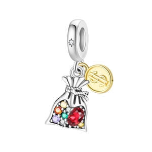 Silver money bag charm with colorful crystals and a gold dollar sign coin pendant