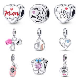 Charm del Día de la Madre de Plata Corazón Huella de Bebé Colgante Cuentas Bricolaje Joyería Pulsera Accesorios Regalo Mujer