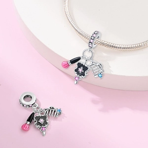 Silver charm pendant with makeup brush, hand mirror and comb for DIY bracelet