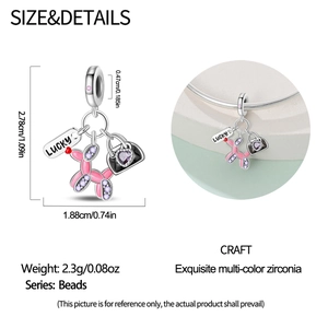 Detail view of silver balloon dog and heart handbag charms with lucky tag measurements