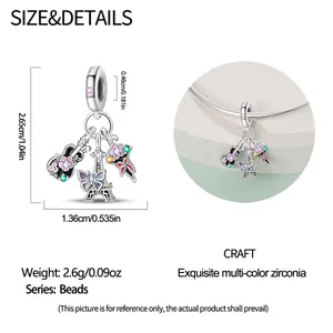 Size chart showing dimensions of silver flamingo and sunflower charm with zirconias