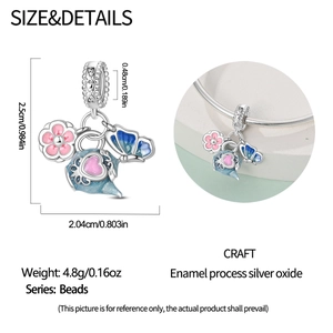 Detailed silver teapot charm with pink heart and enamel butterfly for DIY bracelets