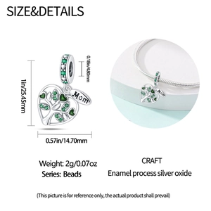 Detailed dimension guide for green tree of life charm with Mom heart tag and green stones