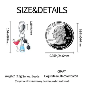 Spécifications de taille pour breloque cocktail et bière avec dimensions en pouces et mm