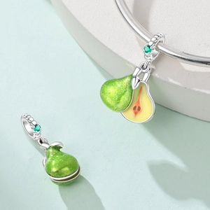 Abalorio de aguacate plateado con esmalte verde y circón para pulseras de bricolaje