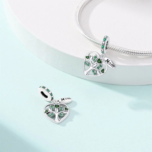 Silver Tree of Life heart charm with green zircon and Mom tag for DIY bracelets