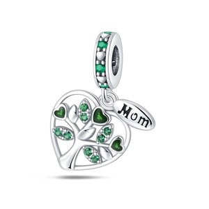 Detailed silver tree of life heart charm with green crystals and Mom engraving