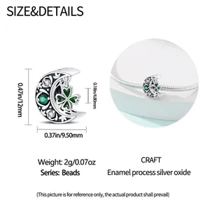 Detailed dimensions of clover and moon charm with green enamel and 925 silver finish