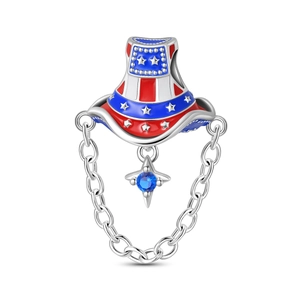 Macro detail of Uncle Sam hat charm with red stripes and blue star enamel for bracelets