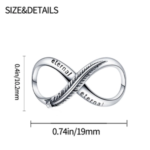 Detailed size view of silver infinity charm with eternal engraving and feather texture
