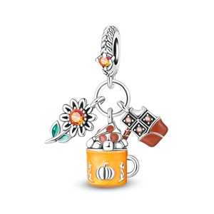 Detail of silver autumn charm with sunflower, pumpkin coffee cup and chocolate pendants