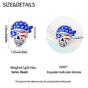 Skull bead charm with American flag hat and sunglasses detail for DIY bracelets
