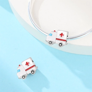 Detailed silver ambulance charm with red cross and enamel for DIY bracelets