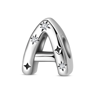 Detail of silver letter A charm with cubic zirconia stars for DIY bracelet jewelry