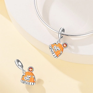 Orange enamel knit hat charm with Fall engraving for DIY jewelry necklaces